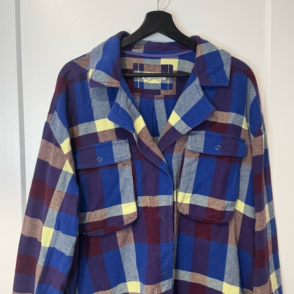 Free People We The Free Blue & Yellow Plaid Cargo Oversized Snap Button Shirt - Picture 3 of 6